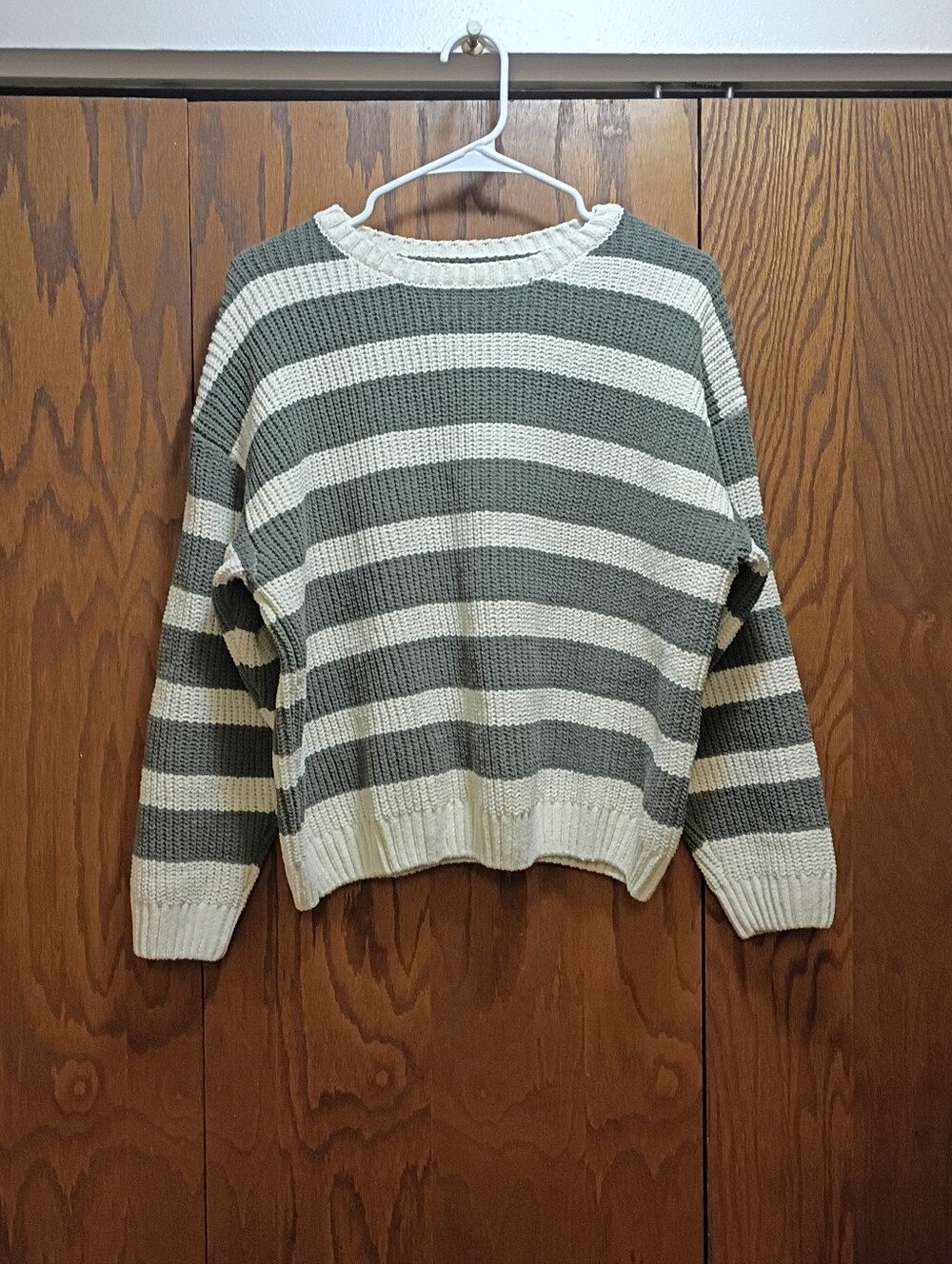 Chic Happens Striped Crewneck Sweater in Olive & Cream